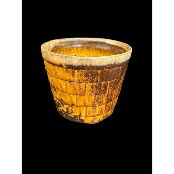 Vintage 1970s Ceramic Gold Drip Glaze Basket Style Planter Pot 6" Marked - Picture 2 of 12